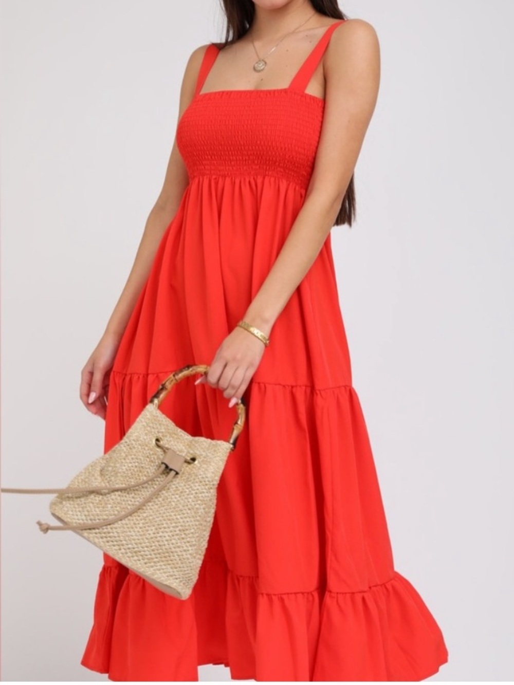 Zara Red Smocked Tiered Midi Dress with Straps